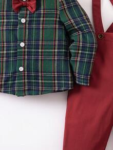 SHEIN 男婴都市学院风可爱绿色格子长袖翻领衬衫和松紧腰连体裤绅士装套装 - 彩色 - 查看 11