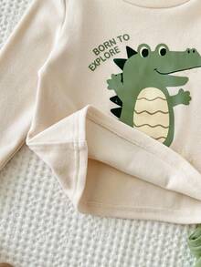 Cozy Pixies 2pcs Baby Boy Cartoon Dinosaur Contrast Color Crew Neck Long Sleeve Pullover Top And Elastic Waist Pants Set, Thermal Lined, Suitable For Winter Baby Boy Clothes Long Sleeve Neutral Baby Clothes Unisex 2026 Dinosaur Baby Boys Outfit Baby Casual Sets