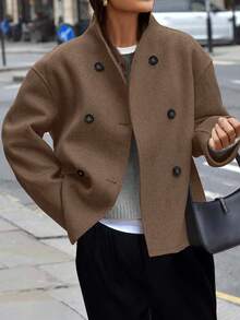 EMERY ROSE 女士纯色长袖双排扣休闲宽松夹克，秋冬 - 咖啡棕 - 查看 1