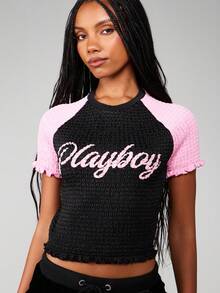 Missguided x Playboy Logo Shirred Crop Top With Contrast Raglan Sleeves And Back Number Print - Multicolor - View 5