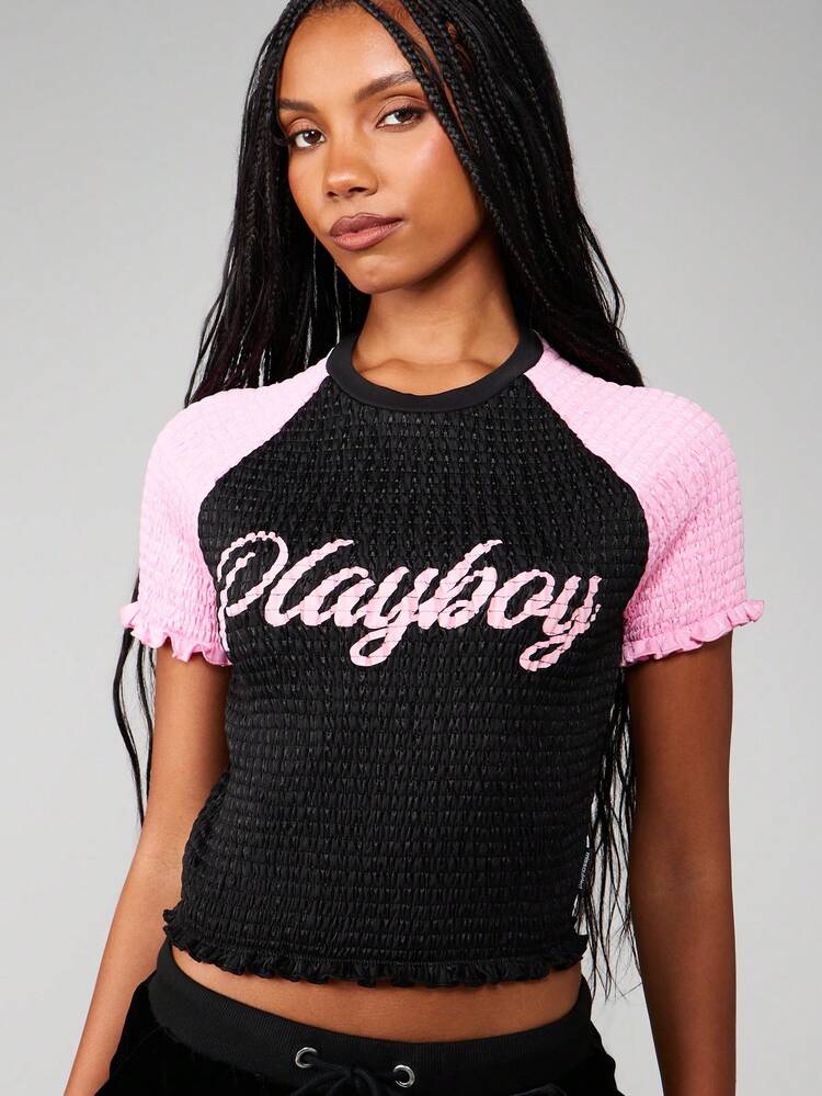 Missguided x Playboy Logo Shirred Crop Top With Contrast Raglan Sleeves And Back Number Print