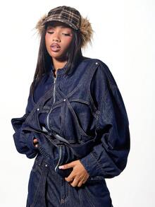 SUMWON WOMEN Oversized Denim Bomber Jacket With Applique Details And Belted Waist For Women Fall Winter Streetwear - Navy Blue - View 1