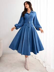 Selianne 女士优雅休闲牛仔连衣裙 - 藍色 - 查看 5