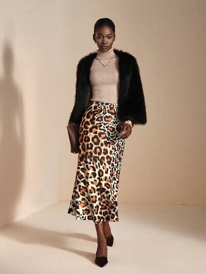 JIAN LASALA High-Waist All-Over Vintage Leopard Print Satin Mid Skirt Women Autumn Elegant Wear Luxury Stylish Clothing Collection Graphic Skirt