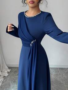 Rafferiza 优雅优雅宴会圆领长袖收腰A字珍珠装饰雪纺透视连衣裙，秋冬