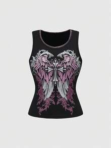 ROMWE Áo hai dây cổ tròn in hình cánh và chữ thập thời trang nữ, mùa hè - màu đen - Xem 1