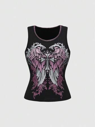 قميص كامي بطبعة جناح وصليب ذو رقبة دائرية، صيفي للنساء