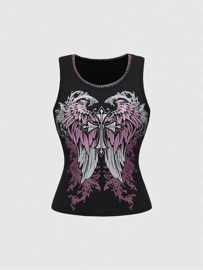 Women's Fashion Wing & Cross Print Round Neck Camisole, Summer