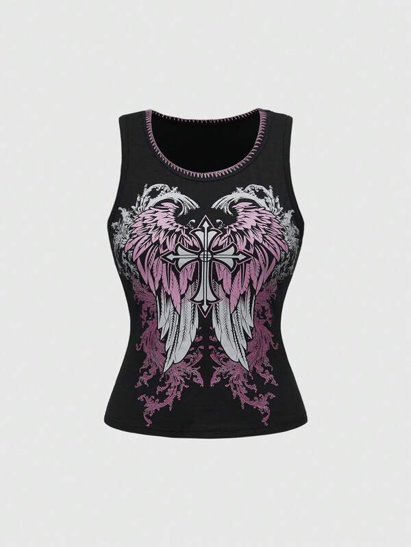 ROMWE Women's Fashion Wing & Cross Print Round Neck Camisole, Summer