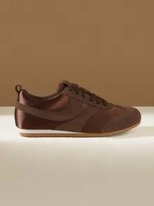 CUCCOO EASI Giày thể thao đế bằng thiết kế vá mũi tròn cho nữ, giày thể thao da PU màu xám nhạt thoải mái, phù hợp để mang trong nhà và ngoài trời hàng ngày - màu nâu - Xem 2