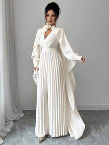 Selianne 女士优雅两件套：高品质披肩领上衣和 3D 花卉阔腿连体裤 - 杏色 - 查看 1