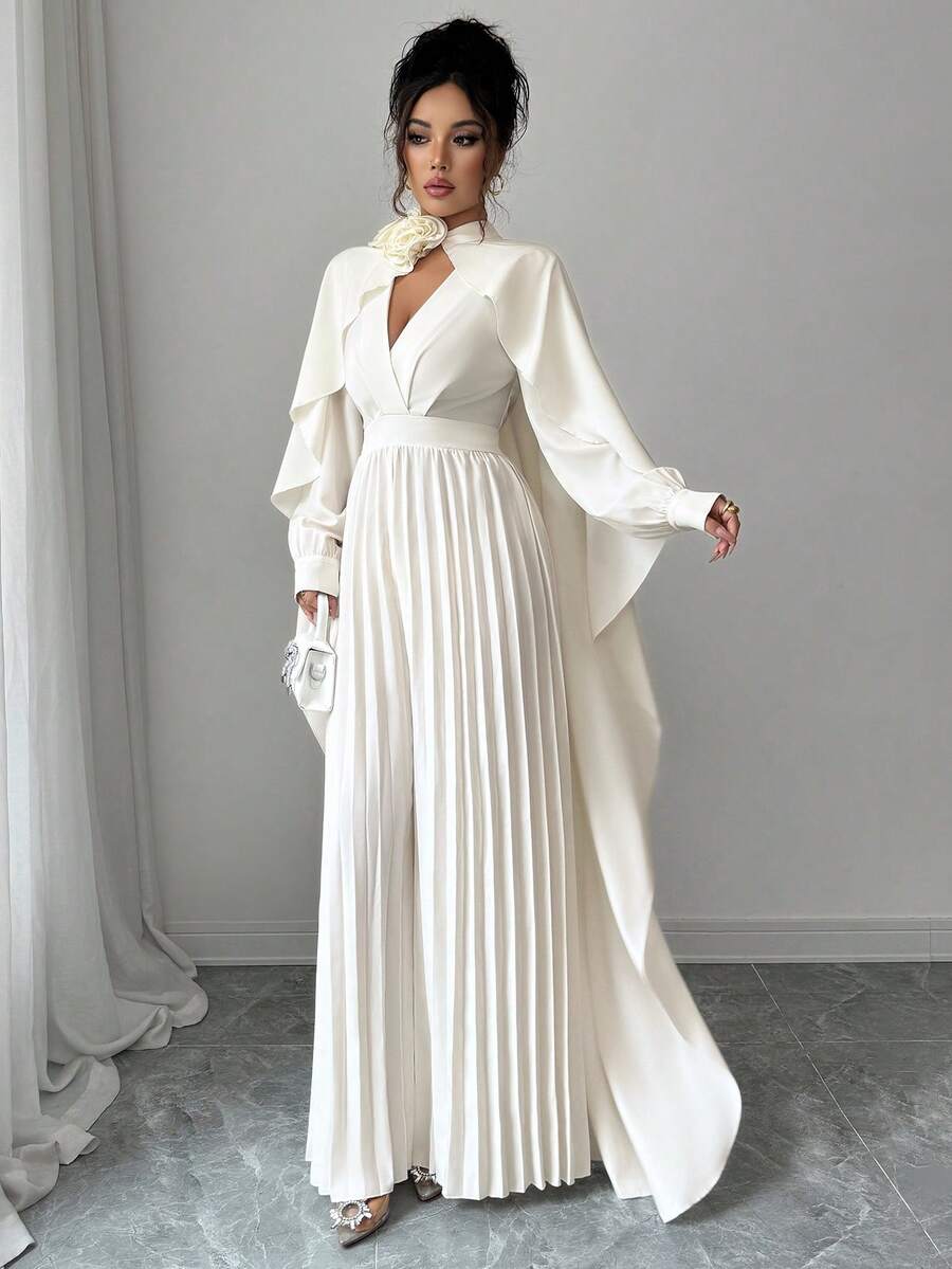 Selianne 女士优雅两件套：高品质披肩领上衣和 3D 花卉阔腿连体裤 - 杏色 - 查看 1