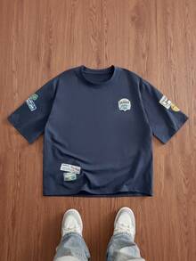 SWAVVY 男士修身短袖海军蓝T恤，全身数码印花，夏季 - 藍色 - 查看 1