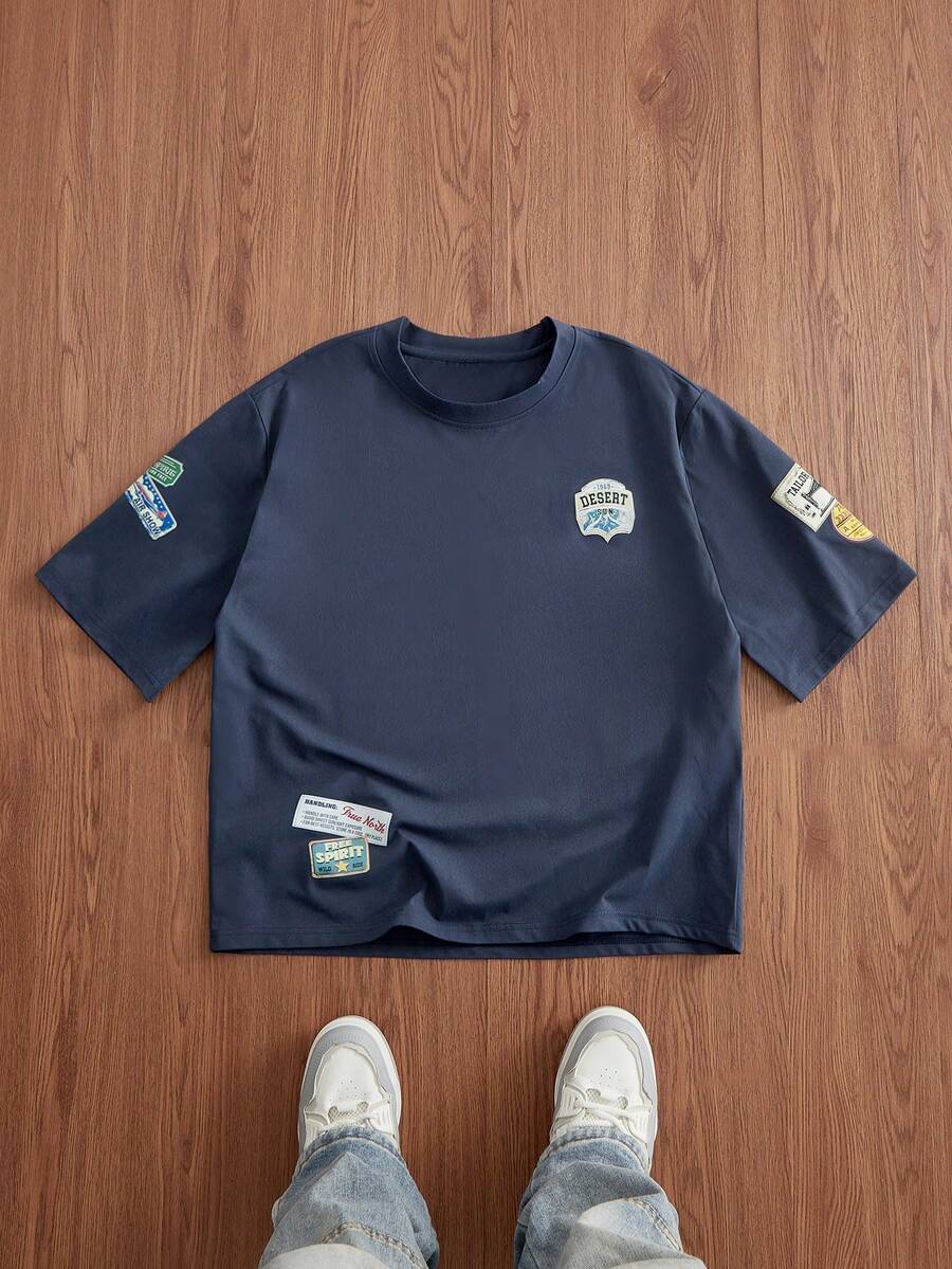 SWAVVY 男士修身短袖海军蓝T恤，全身数码印花，夏季 - 藍色 - 查看 1