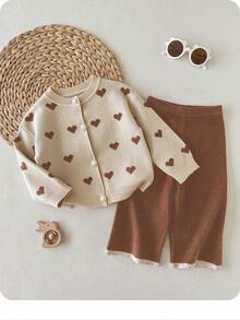 SHEIN Baby Girl Heart Pattern Long Sleeve Button-Up Knit Cardigan And Knit Pants Set Autumn Winter Clothes For Women