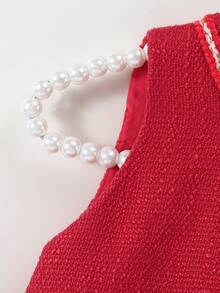 SHEIN Glamorique Kids 女婴优雅蝴蝶结 3D 花卉装饰无袖连衣裙，适合婚礼、派对、生日、度假、拍照、夏季 - 紅色 - 查看 8