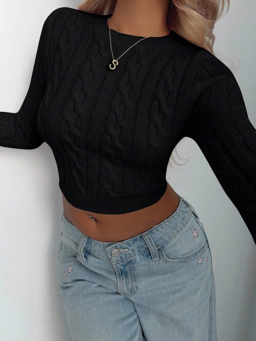 Aloruh Black Sweater Women's Vintage Chunky Knit Crew Neck Fitted Long Sleeve Pullover Sweater, Minimalist Apricot Color Base Layer In Fall/Winter,Black Top,Fall,Fall Clothes For Women Fashion Clothing Street Chic