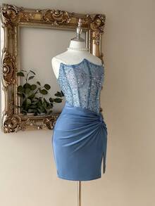 Lovelzi Summer Elegant Romantic Gorgeous Blue Sequin Embroidery Stitching Elastic Knitted Special Collar Herringbone Hip Wrap Twist High Slit Suitable For Dinner Single Party Date Birthday Vacation Back To School Season Graduation Season Afternoon Tea Wedding Event Cocktail Dress, For Valentine's Day - Blue - View 6