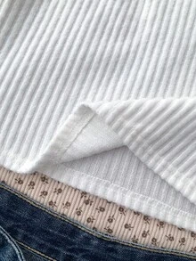 Tween Girl Street, Basic, Daily, Versatile, Solid White Knit Crew Neck Loose Long Sleeve Contrast Lace Bow T-Shirt Top, Back-To-School, Cute Winter White Ribbed Long Sleeve To - White - View 6