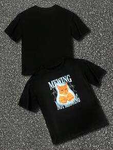 INAWLY 圆领字母猫咪印花长款短袖图案T恤，女士春季上衣 - 黑色 - 查看 1