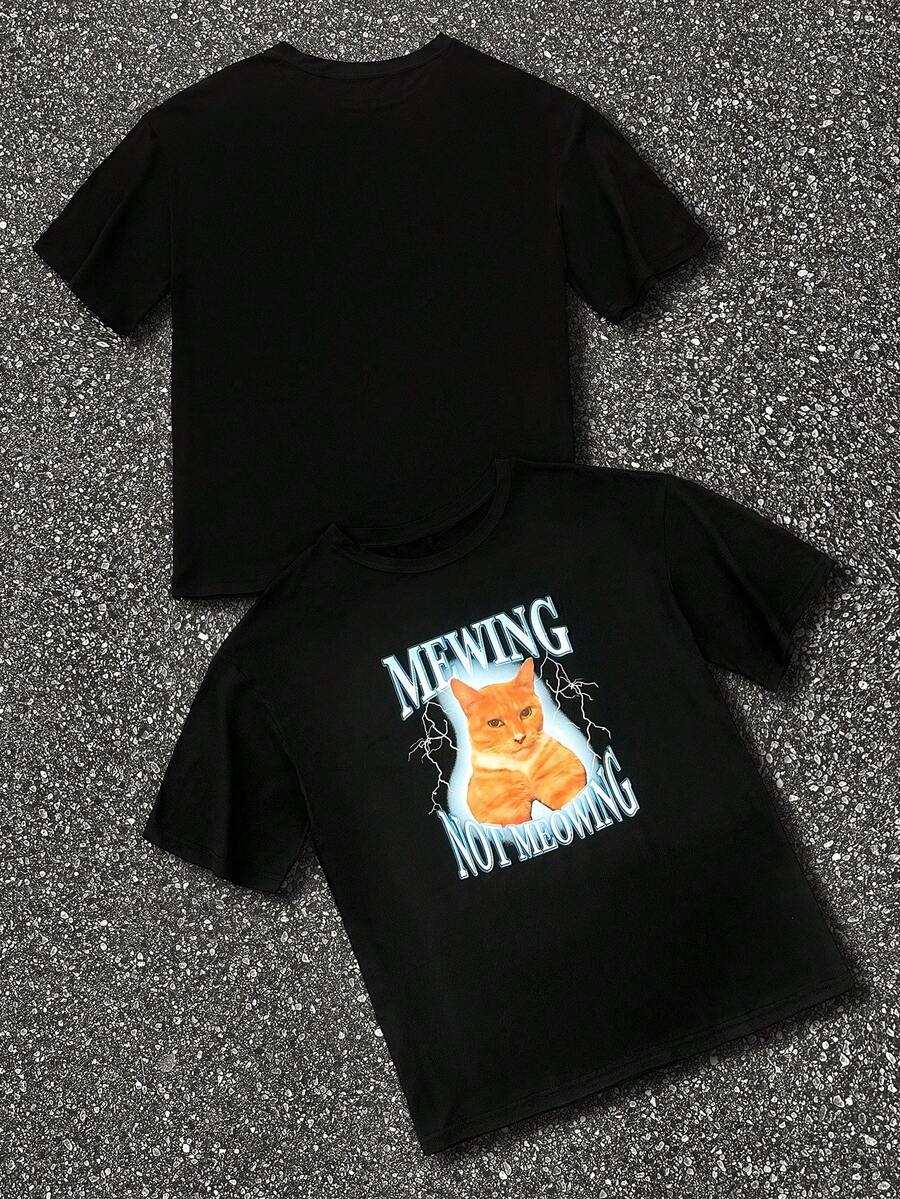 INAWLY 圆领字母猫咪印花长款短袖图案T恤，女士春季上衣 - 黑色 - 查看 1