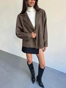 Aloruh 优雅别致露肩宽松高领双排扣羊毛外套，秋冬 - 棕色 - 查看 9