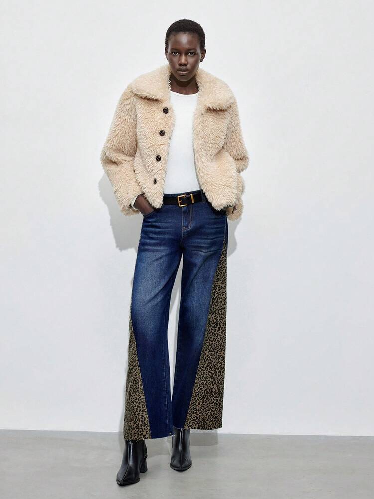 SHEIN Maija Women's Casual Fashion Street Leopard Print Patchwork Raw Edge Loose Wide Leg Jeans, Suitable For Urban Commute, Business Casual, Office Wear, Party And Gathering