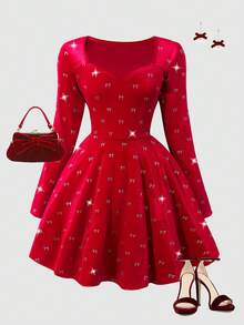 SHEIN Women's Embossed Star Dress, Suitable For Formal Occasions - Red - View 1