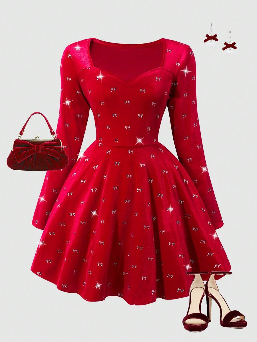 SHEIN Women's Embossed Star Dress, Suitable For Formal Occasions - Red - View 1
