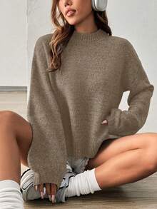 SHEIN PariChic 宽松休闲百搭高领长袖套头衫 - 棕色 - 查看 8