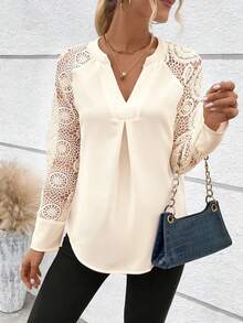 EMERY ROSE Contrast Lace Raglan Sleeve Curved Hem Notched Neckline Blouse For Holiday Party Clothes - Apricot - View 4