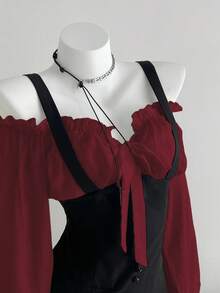 Elamini 女式撞色露肩短款连衣裙 - 紅色 - 查看 3