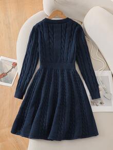 Tween Girls Sweater Dresses, Fashion Elegant Cute Bow Puff Sleeve Pullover Short Dress Girls Navy Blue Dress Girls Winter Dress Long Sleeve Knitted Dress Tween Elegant Dark Blue Dress Girls Cable Knit Dress