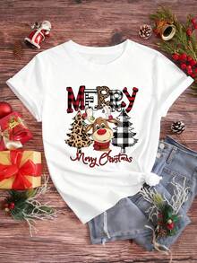 EMERY ROSE Plus Size Christmas Cartoon Print Short Sleeve T-Shirt - White - View 4
