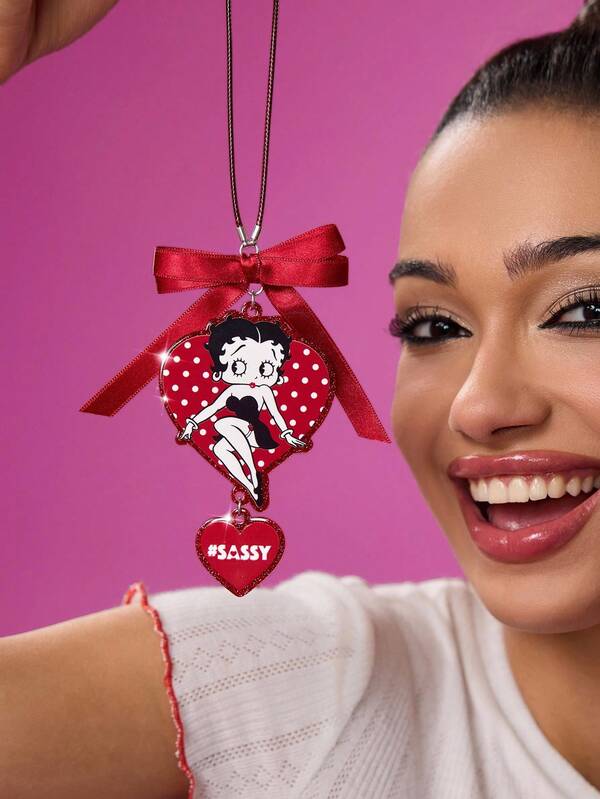 Betty Boop x SHEIN Heart-Shaped Glitter Car Ornaments, Pendant Interior Rearview Mirror Decorations And Car Rearview Mirror Hanging Accessories, Decorative Hangers,Gift Ideas,Party,Holiday,Valentine's Day