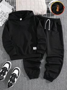 SHEIN Conjunto de 2 peças de moletom com capuz solto e calça de moletom com cordão para meninos adolescentes, casual, para o dia a dia, confortável, com letras, patch, conjunto de agasalho de malha - Preto - Ver 6