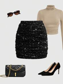 Elenzga 女式黑色底银色波尔卡圆点褶皱紧身裙，弹性面料，优雅性感，适合派对、生日、约会、音乐节、秋季，时尚百搭的紧身迷你裙 - 黑色 - 查看 1