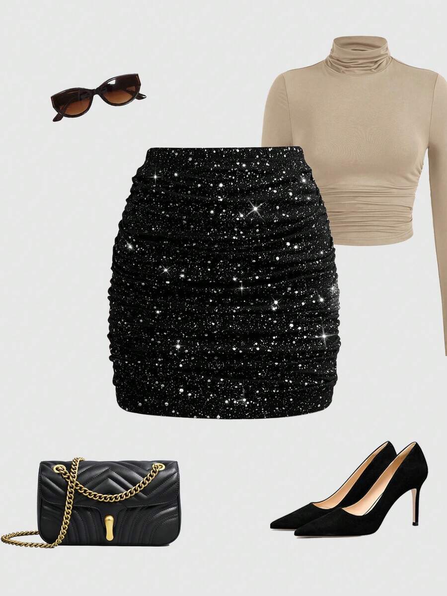 Elenzga 女式黑色底银色波尔卡圆点褶皱紧身裙，弹性面料，优雅性感，适合派对、生日、约会、音乐节、秋季，时尚百搭的紧身迷你裙 - 黑色 - 查看 1