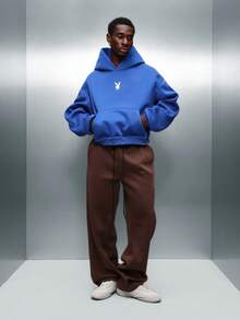 PLAYBOY X SUMWON Crop Fit Oversized Pullover Hoodie With Graphic Print And Centre Pocket - Blue - View 4