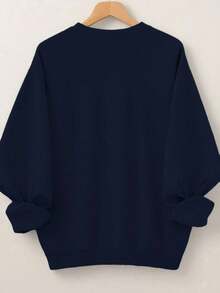 EMERY ROSE Sweatshirt Pullover Kasual Olahraga Wanita Ukuran Besar dengan Motif Huruf dan Kerah Bulat, Cocok untuk Musim Gugur dan Musim Dingin - Navy Blue - View 2