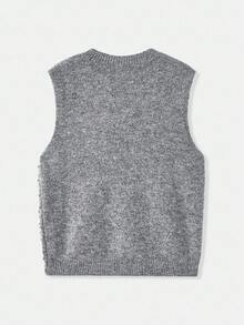 Maija Women's Elegant Gray Sequin Rhinestone Decor Sleeveless Loose Knit Vest Top,Summer Crystal Embellished Sweater Tank Top For Party Brunch,Casual Blouse - Grey - View 9