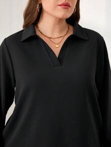 EMERY ROSE Conjunto de 2 piezas de top de manga larga y pantalones con ribete de contraste, estilo casual y de oficina, talla grande, otoño - Negro - Ver 5