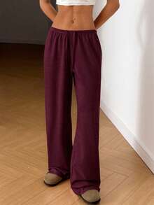 SHEIN EZwear Plus Size Casual Solid Color Loose Pants, Autumn Burgundy - Burgundy - View 5