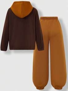 SHEIN Explorewe Bộ 2 áo nỉ nhung có mũ trùm đầu thời trang, khóa kéo nửa đầu và quần rút dây cho bé trai, trang phục thường ngày - màu đen - Xem 2