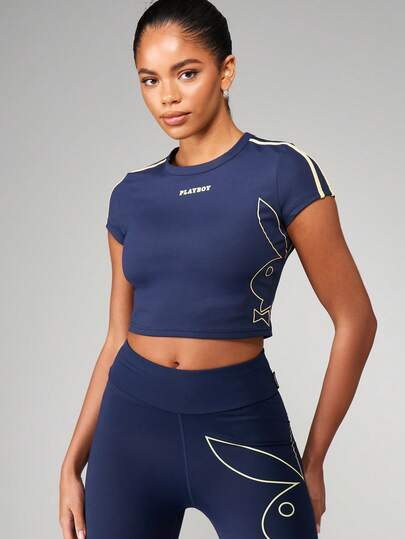 Missguided x Playboy Cropped Athletic Training Tee With Contrast Piping Detail Short Sleeve Activewear Top