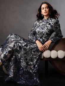 Anewsta Váy dài tay lưới thêu hoa thanh lịch màu sâm panh, trang phục nghỉ dưỡng sang trọng dành cho nữ, phù hợp cho mùa xuân, mùa hè, lễ hội, tiệc tùng, đám cưới và những dịp đặc biệt - Màu xanh hải quân - Xem 7