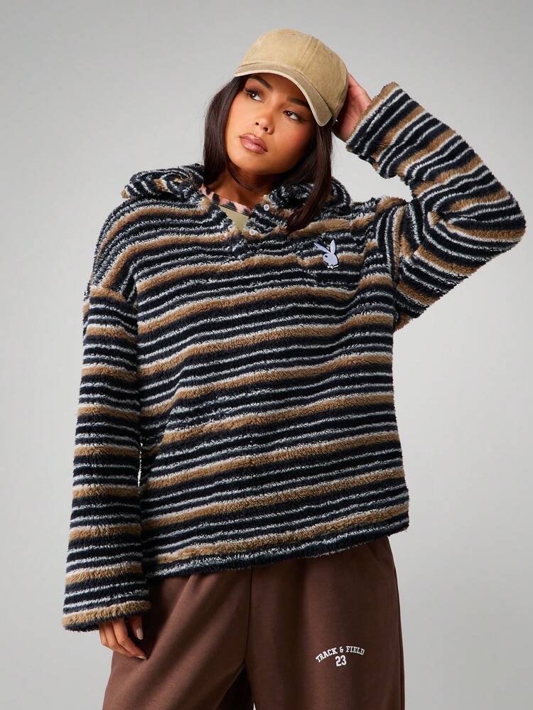 Missguided x Playboy Striped Fleece Pullover Sweatshirt With Hood And Centre Pocket For Winter Casual Wear