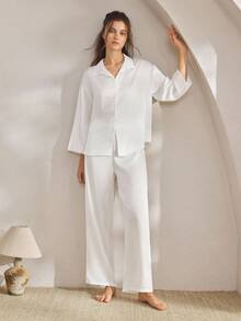 Ocili 女士丝滑缎面宽松七分袖睡衣套装，秋季服装 - 白色 - 查看 2