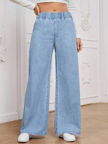 EMERY ROSE 大码女式休闲百搭松紧腰宽松牛仔裤 - 淺色水洗藍 - 查看 6