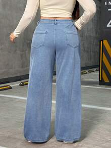 SHEIN FlexDen 大码女式弹力休闲直筒牛仔裤 - 淺色水洗藍 - 查看 2